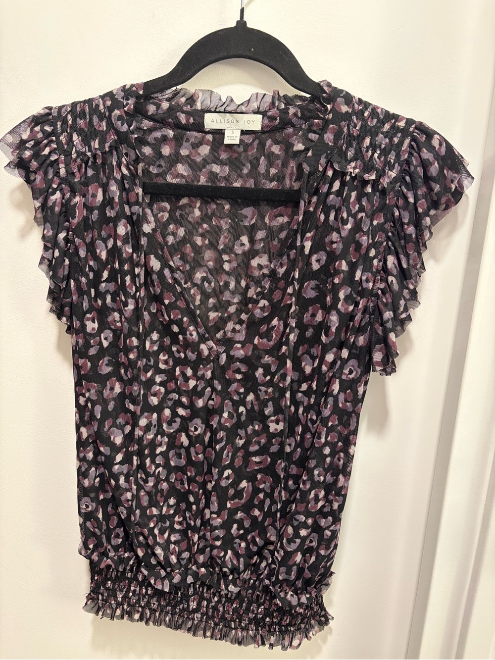 Allison Joy Black Top with Purple and Pink Leopard Print and Flutter Sleeves